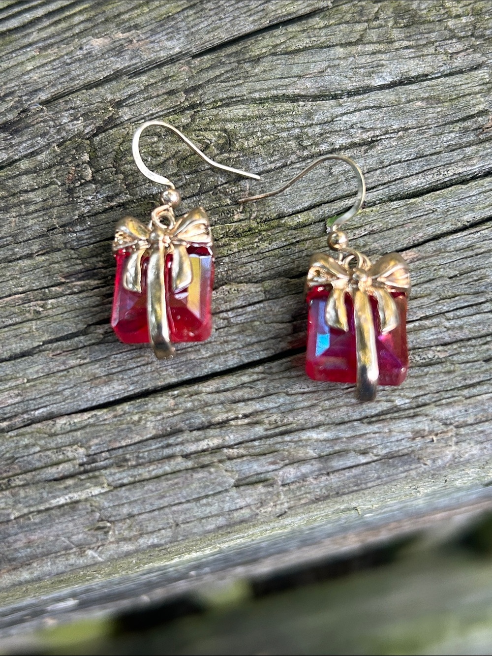 Gold Bow Red Gift Box Dangle Earrings